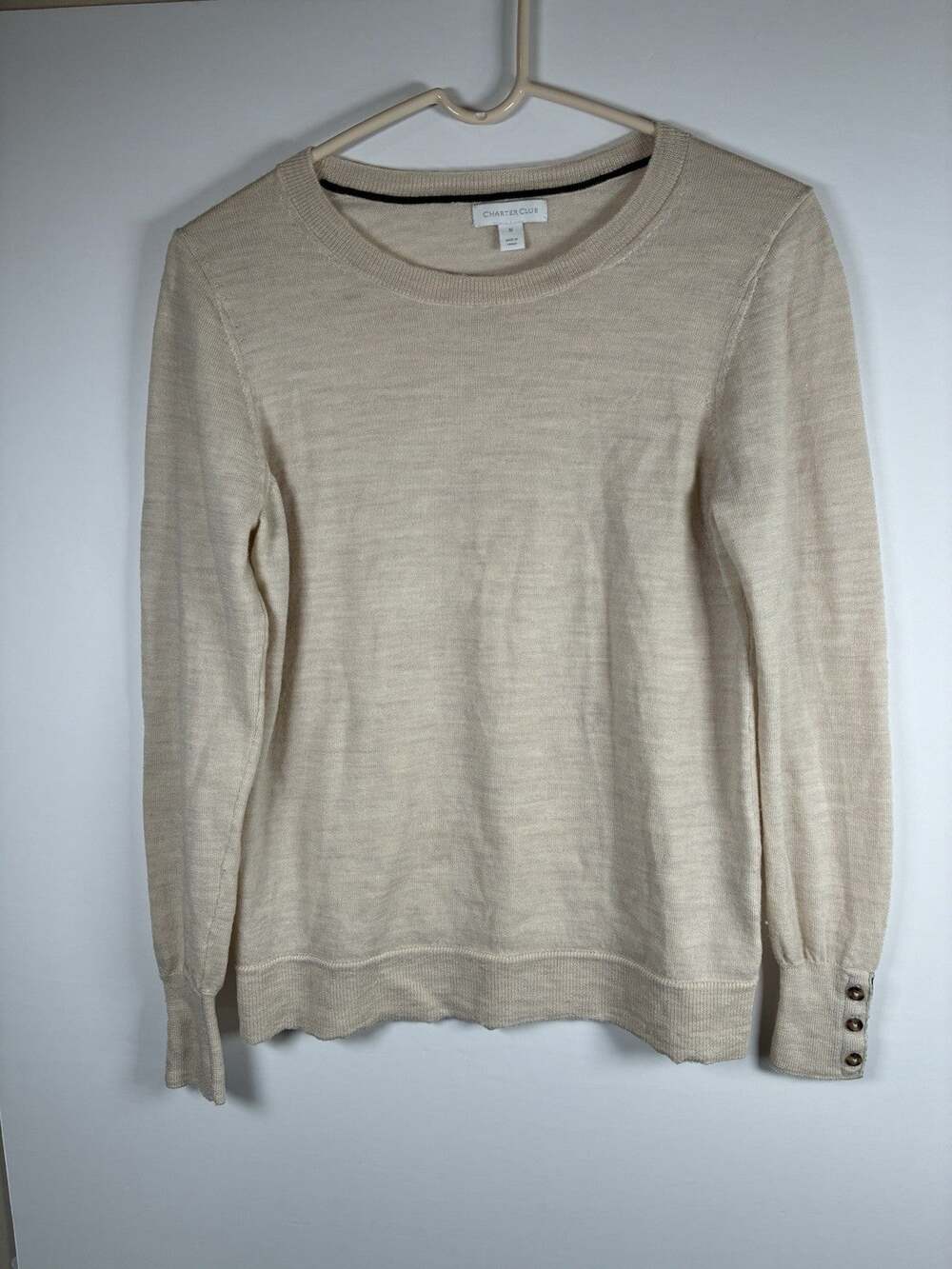 Charter Club M 100% Merino Wool Sweater Cream Ivory Crew Neck Button Cuff Knit